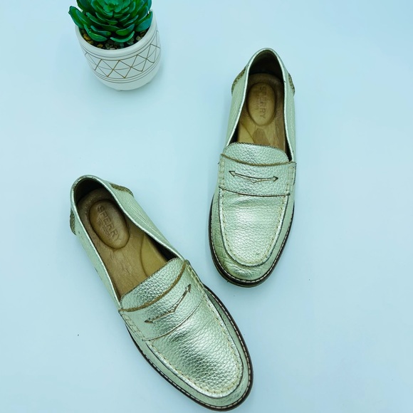 Sperry Seaport Women's Penny Leather Loafer Platinums Gold Metallic Champagne - Picture 1 of 9